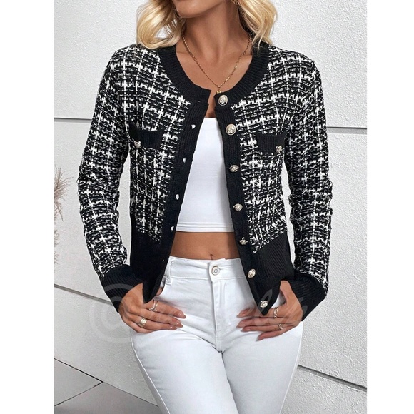 Black Plaid Button Up Cardigan Knit Long Sleeve Chest Pockets - Picture 5 of 12